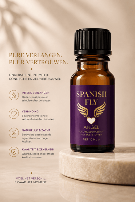 Spanish Fly Angel flesje 10 ml met paars label op beige podium, naast tekst Pure verlangen, puur vertrouwen