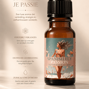 Spanish Fly Passion flesje 10 ml op beige marmeren podium met tekst Ontwaak je passie links