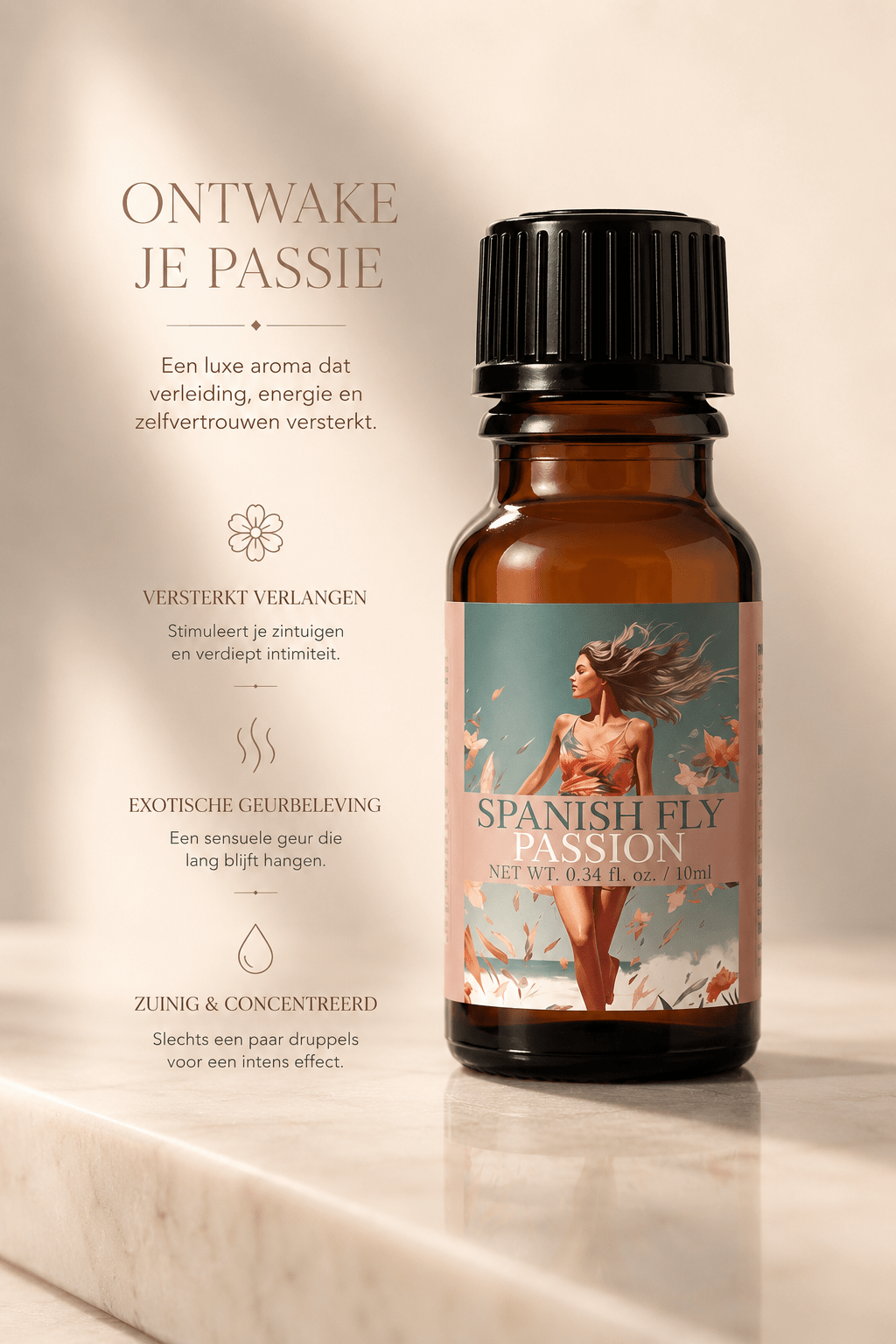 Spanish Fly Passion flesje 10 ml op beige marmeren podium met tekst Ontwaak je passie links