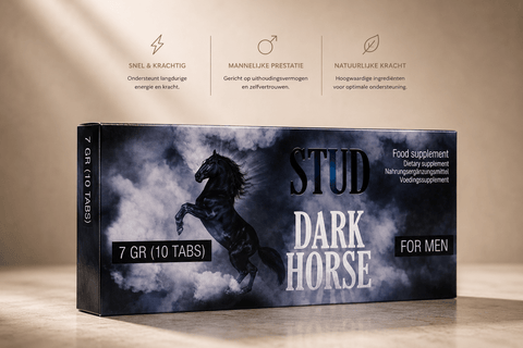 Stud Dark Horse For Men 10 tabletten verpakking in donkerblauw met paardensilhouet op beige achtergrond