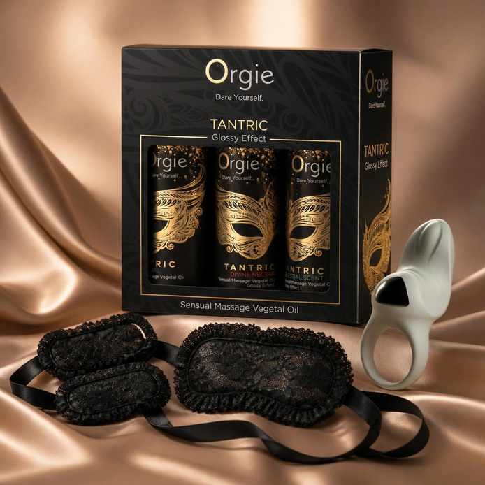 Touch-Me Box Connection & Seduction: Orgie Tantric massageolie set, Odes Surrender ring, zwart kanten masker en polsboeien