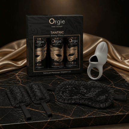 Touch-Me Box Connection & Seduction: Orgie Tantric massageolie set, Odes Surrender ring, kanten masker en polsboeien