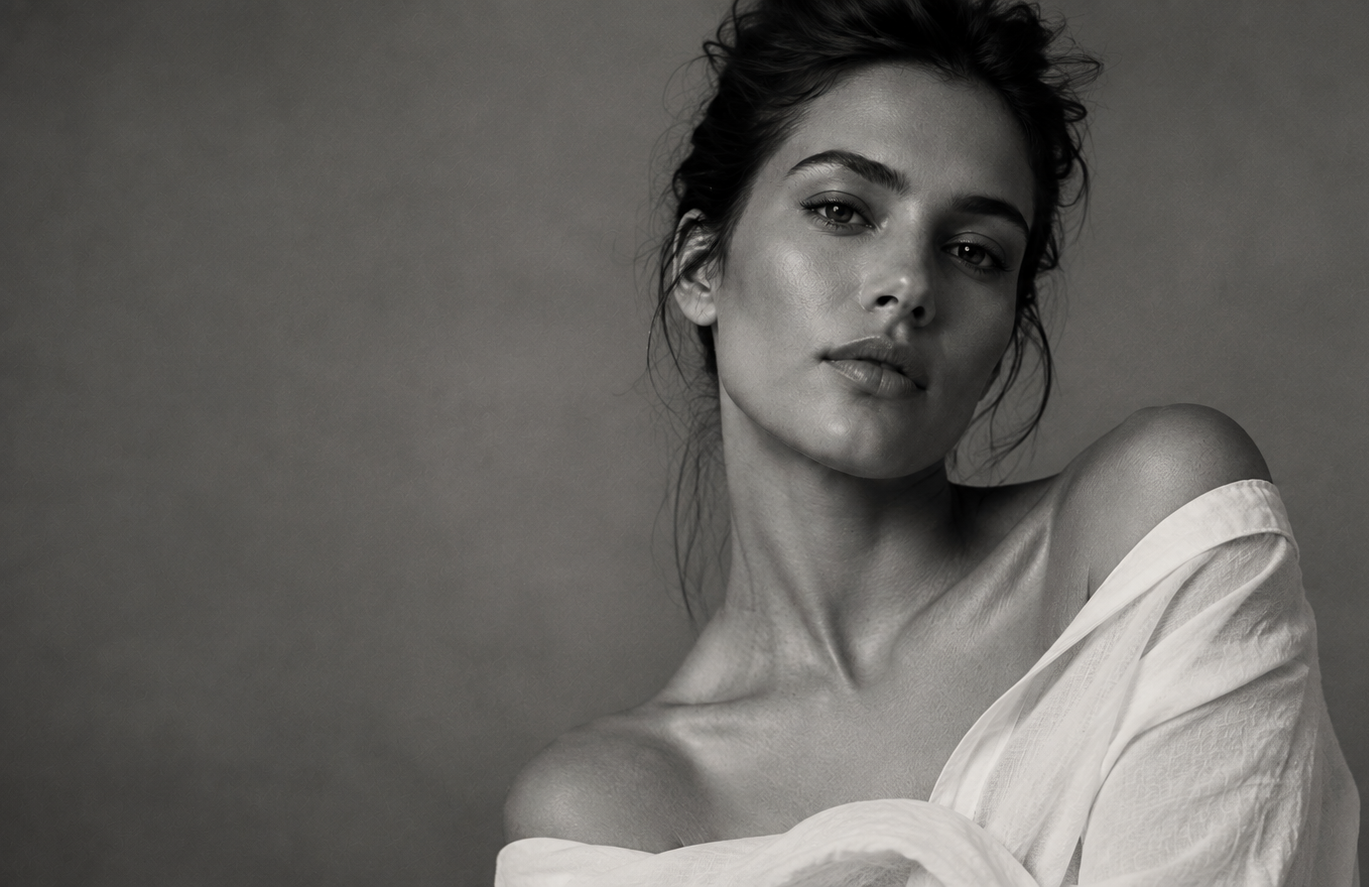 Zwart-wit portret van een vrouw met blote schouder in losvallende witte stof, directe zelfverzekerde blik, merkbeeld van Touch-Me