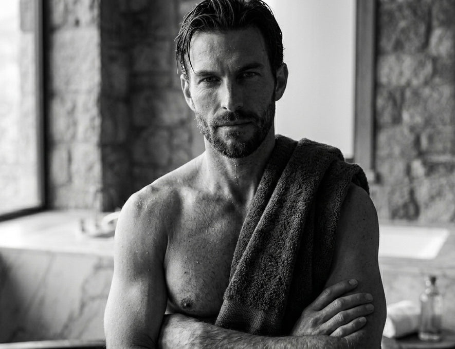 Zwart-wit portret van man met handdoek in luxe wellness setting, voor de Touch-Me heren collectie