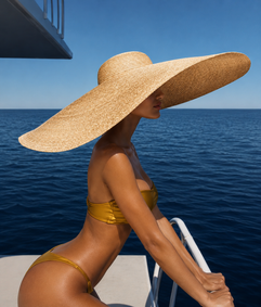 Vrouw in gouden bikini met brede strohoed op een boot bij blauwe zee, luxe sfeerbeeld voor Touch-Me nieuwsbrief