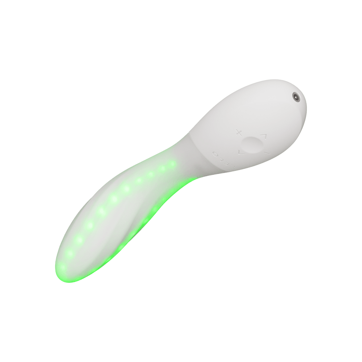 Witte MONA Spectra met groene leds en oplaadaansluiting aan het handvat