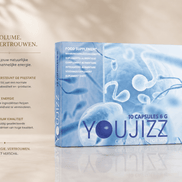 YouJizz 10 capsules verpakking in lichtblauw op beige achtergrond met informatieve tekst links