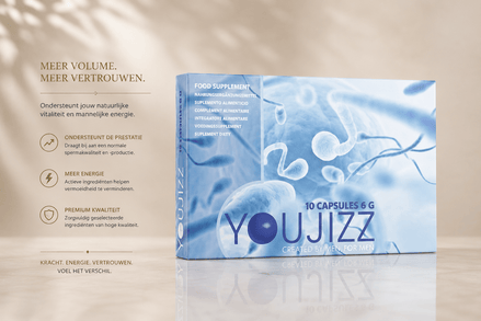 YouJizz 10 capsules verpakking in lichtblauw op beige achtergrond met informatieve tekst links